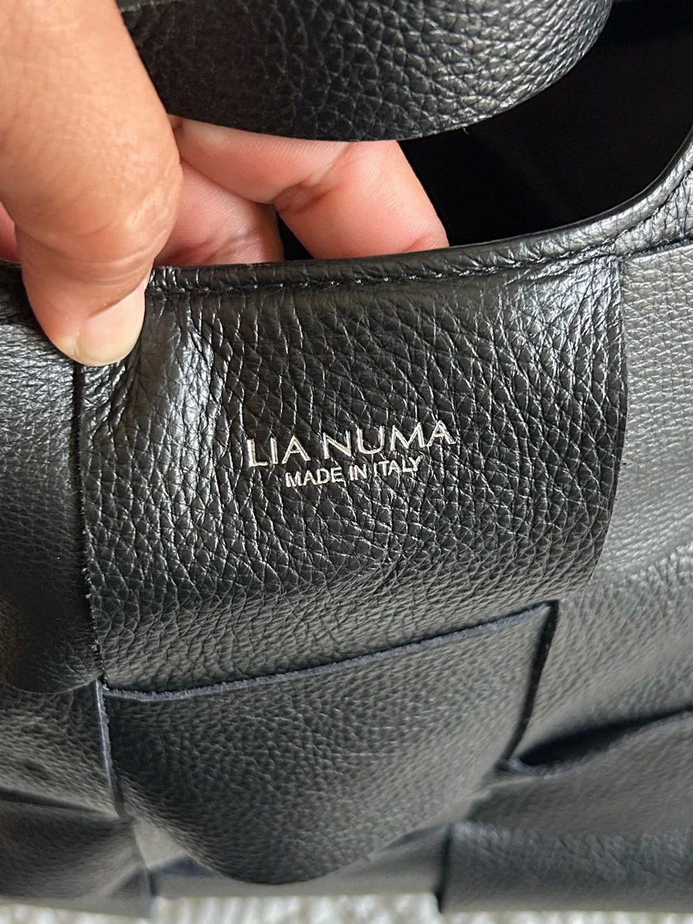 Black Woven Leather Briefcase with Top Handles and Shoulder Strap